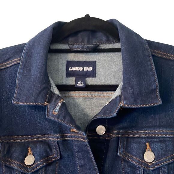 Lands’ End classic jean jacket with stretch dark Wash EUC size L - Picture 2 of 10